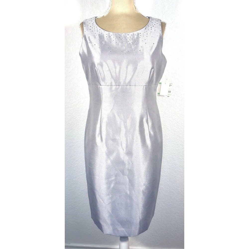 Kasper Women’s Size 8 Pewter Silver Rhinestone Satin Sheath Cocktail Dress NWT